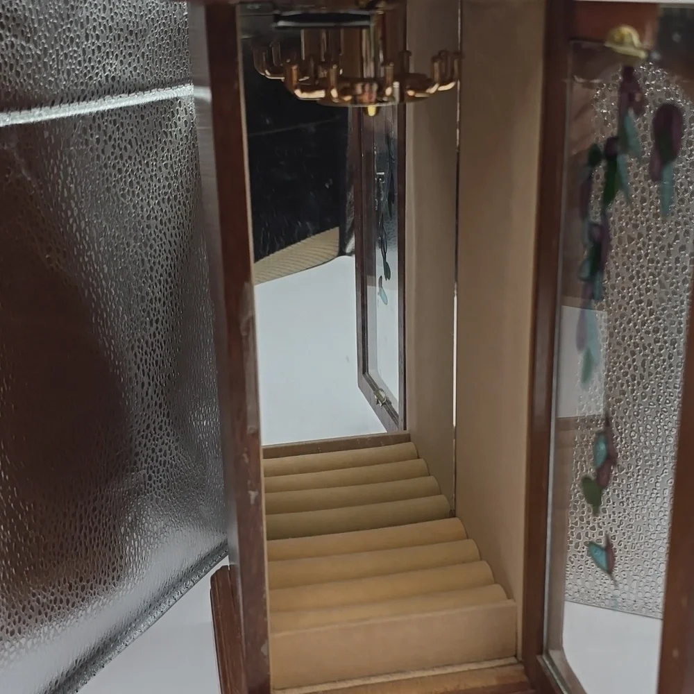 Vintage Farrington Wooden Armoire Jewelry Cabinet with Mirror and Stained Glass